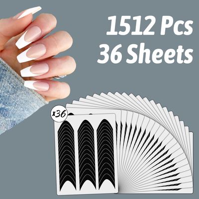36 Sheets 1512 Pcs French Tip Nail Guides, Self-Adhesive French Smile Manicure Strip Stickers for Edge Auxiliary Black DIY Decoration Stencil Tools(Moon Shape Design)
