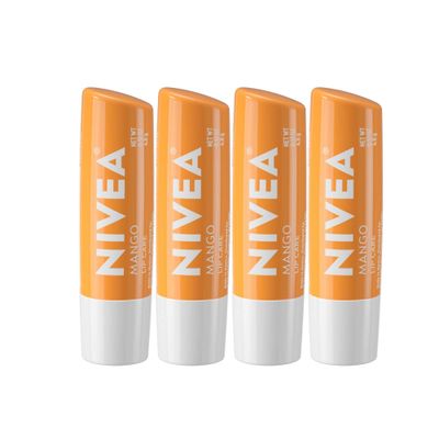 NIVEA Mango Lip Care, Vegan Lip Balm Pack with Shea Butter, Nourishing Oils and Vitamin C &amp; E, 3-in-1 Moisturize, Repair and Protect, 0.17 Oz Stick, Pack of 4