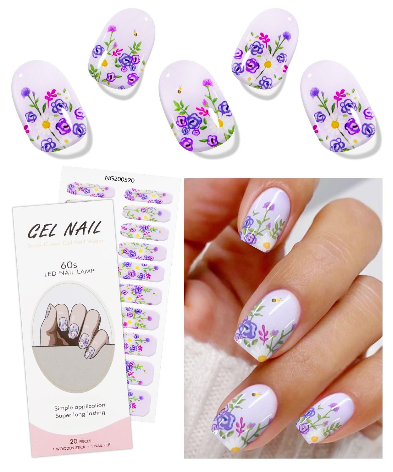 JMEOWIO Gel Nail Stickers Purple Flower Semi Cured Gel Nail Strips Wraps UV/LED Nail Supplies Nail Art Design Decoration Accessories