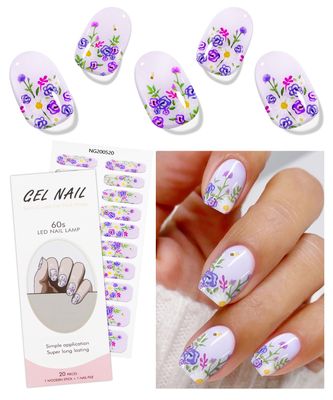 JMEOWIO Gel Nail Stickers Purple Flower Semi Cured Gel Nail Strips Wraps UV/LED Nail Supplies Nail Art Design Decoration Accessories