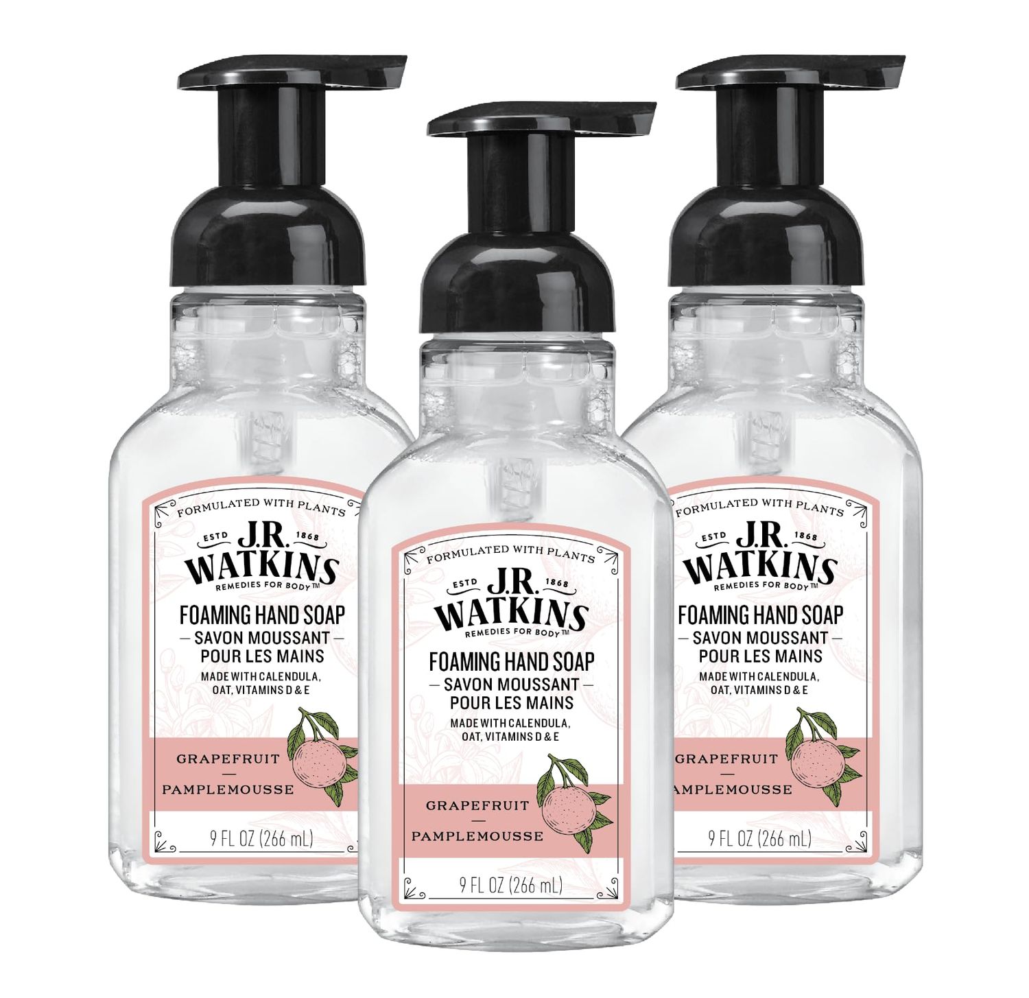 J.R. Watkins Foaming Hand Soap with Pump Dispenser, Moisturizing Foam Hand Wash, All Natural, Alcohol-Free, Cruelty-Free, Grapefruit, 9 fl oz, 3 Pack