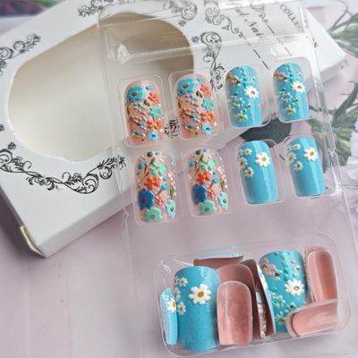 24Pcs Flower Press on Nails Medium Length Square Fake Nails Blue Nails with Colorful Flower Full Cover Glue on Nails Glossy Design Spring False Nails for Women Girls Acrylic Manicure Salon Decorations