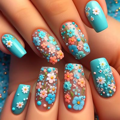 24Pcs Flower Press on Nails Medium Length Square Fake Nails Blue Nails with Colorful Flower Full Cover Glue on Nails Glossy Design Spring False Nails for Women Girls Acrylic Manicure Salon Decorations