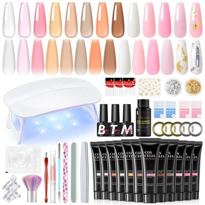 12 Colors Poly Nail Gel Kit Starter Kit Poly Extension with U V Lamp Clear Nude Pink Builder Slip Solution Base Top Coat Complete Manicure for Beginners