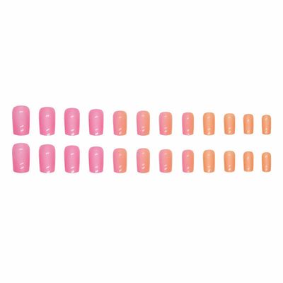 MISUD Square Press on Nails Medium Fake Nails Glossy Glue on Nails Summer Bright Pink Orange Ombre Chrome Acrylic Nails Pearl Flash Artificial Nails Squoval Aurora False Nails with Design 24 pcs