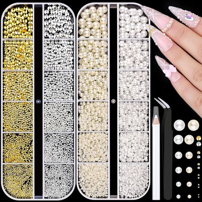 7500Pcs 3D Nail Charms, Gold &amp; Silver Small Round Metallic Nail Art Gems and Flatback White &amp; Beige Pearl Nail Beads, Craft Decoration Rhinestones Jewels Accessories with Tweezers and Pick-up Pencil