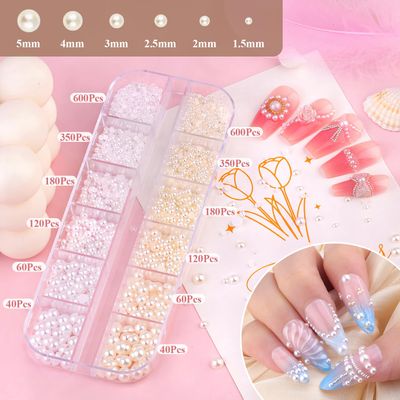 7500Pcs 3D Nail Charms, Gold &amp; Silver Small Round Metallic Nail Art Gems and Flatback White &amp; Beige Pearl Nail Beads, Craft Decoration Rhinestones Jewels Accessories with Tweezers and Pick-up Pencil