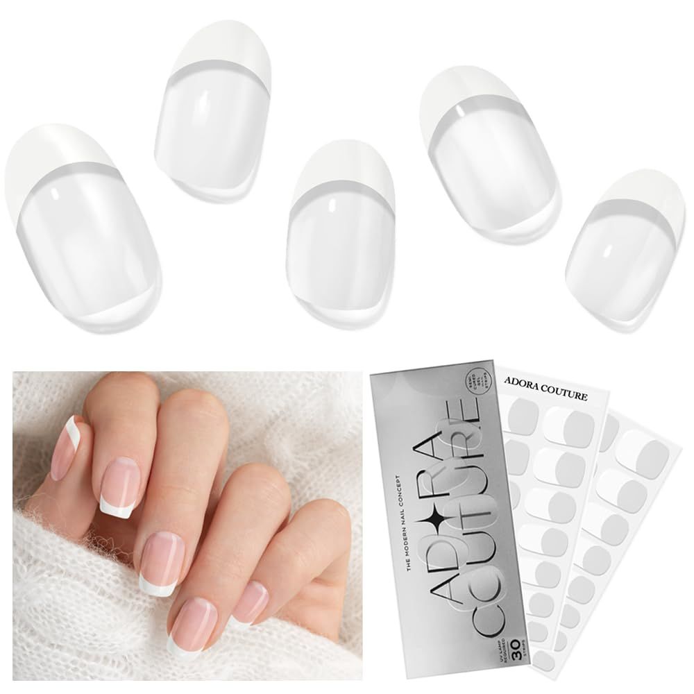 Adora Couture Semi Cured Gel Nail Strips with 30 Pieces, Salon Quality Nail Wraps for Women, White French Tip UV Gel Nail Stickers, UV Light Required, White French 2B
