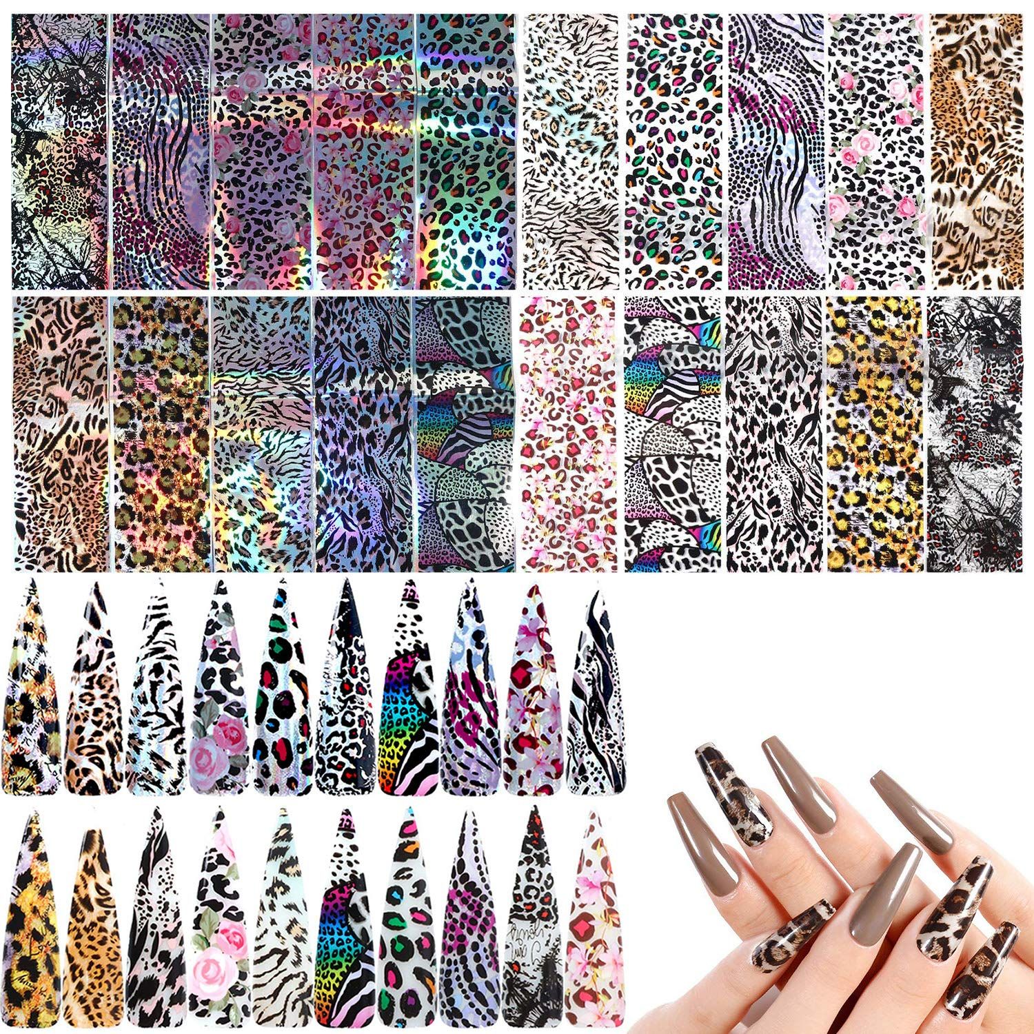 20 Sheets Leopard Nail StickersStarry Sky Animal Skin Design Nail Art Decoration Glue Transfer Nail Foils for Women Fingernails and Toenails Acrylic Decorations Manicure Tips Wraps Charms