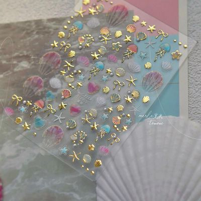 2Pcs Summer Nail Stickers for Nails Art,Extra Shiny 5D Shell Starfish Nail Art Stickers Decals Gold Silver Star Jellyfish Self-Adhesive Design Summer Beach Nail Supplies for Women Manicure Accessories