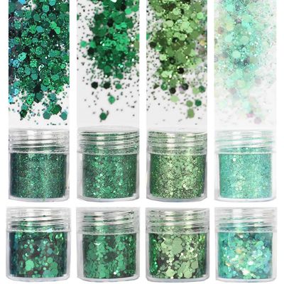 COKOHAPPY St. Patricks Day Holographic Green Chunky Glitter 8 Boxes 10ml Sequins Iridescent Flakes Hexagon Tips Mixed Paillette Face Eyes Body Hair Nail Art