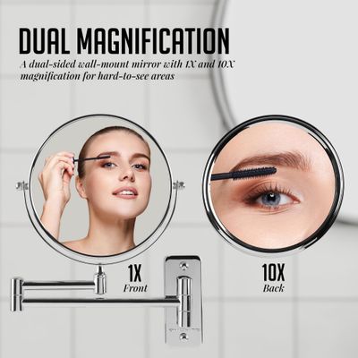 OVENTE 7 Wall Mounted Makeup Mirror with 1X/10X Magnification, Double Sided Magnifying Round Bathroom Vanity Mirror, 360 Swivel Design, Extendable and Folding Arm, Polished Chrome MNLFW70CH1X10X