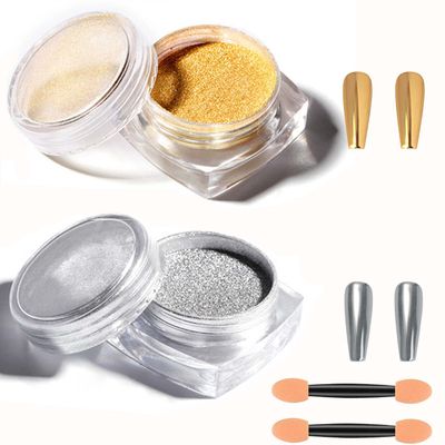 WENJLYJ 2Pcs Gold Silver Chrome Nail Powder,Holographic Highly Pigmented Chrome Powder,Metallic Glitter Nail Powder Magic Art Mirror Titanium Alloy Glitter Art Decoration Set