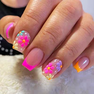 French Tips Short Square Press on Nails with Flower Stereoscopic Embossed Design, Glossy Nude False Nails Gel Glue on Nails, Relief Manicure Art Fake Nails Stick on Nails for Coquette Women Girls