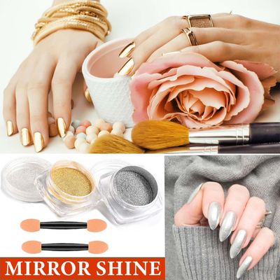 WENJLYJ 2Pcs Gold Silver Chrome Nail Powder,Holographic Highly Pigmented Chrome Powder,Metallic Glitter Nail Powder Magic Art Mirror Titanium Alloy Glitter Art Decoration Set