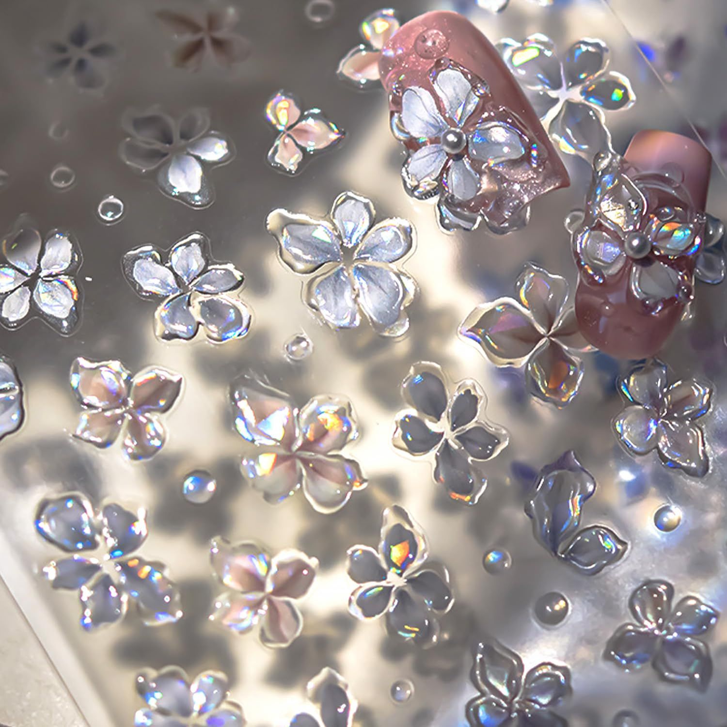 5D Embossed Laser Flower Nail Stickers for Nail Art Self-Adhesive Glitter Silver Flower Nail Decals Reflective Petal Design Stickers Spring Summer Nail Art Decoration for Women DIY Manicure