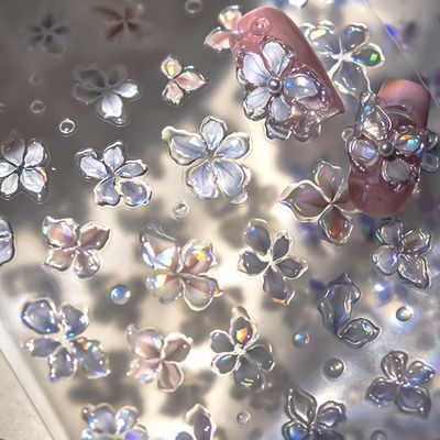5D Embossed Laser Flower Nail Stickers for Nail Art Self-Adhesive Glitter Silver Flower Nail Decals Reflective Petal Design Stickers Spring Summer Nail Art Decoration for Women DIY Manicure