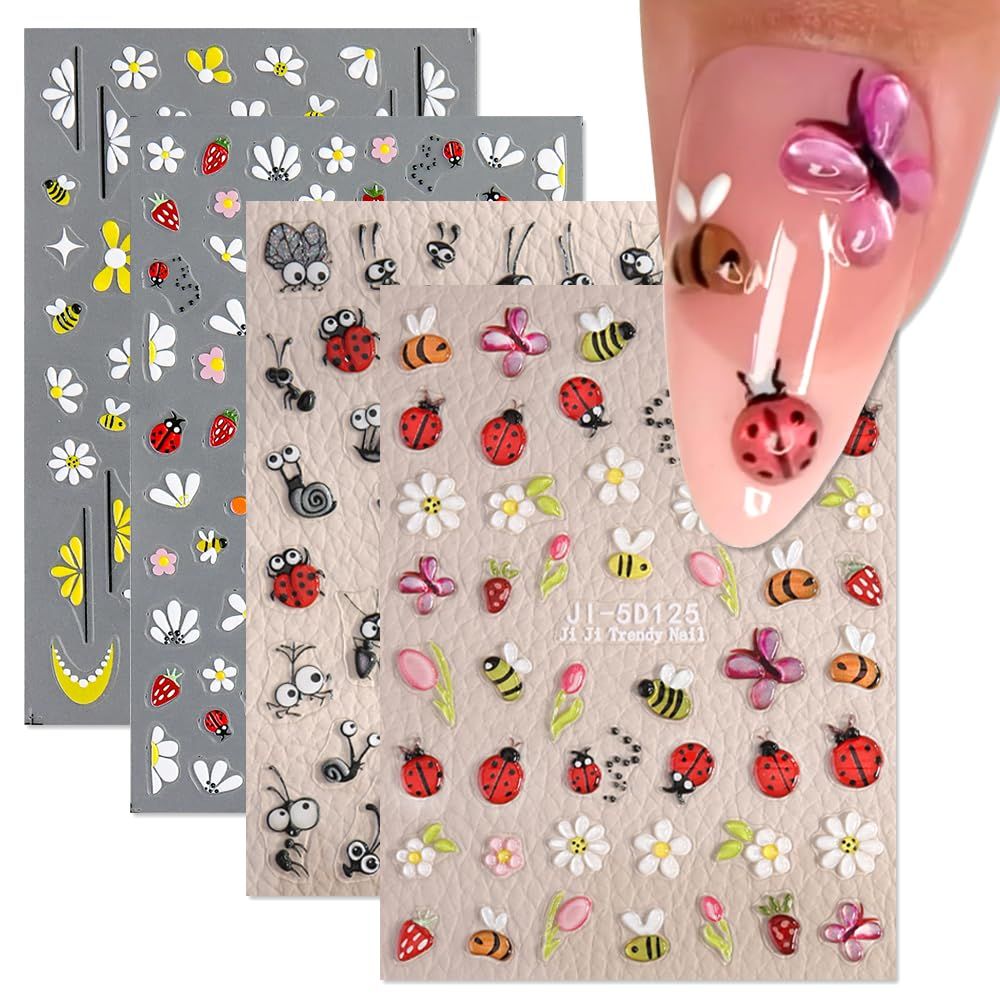 Cute Bee Ladybug Ant Nail Art Stickers, 4 Sheets 5D Embossed Self-Adhesive Nail Decals Flowers Daisy Butterfly Strawberry Nail Designs for Women Girls DIY Manicure Decorations