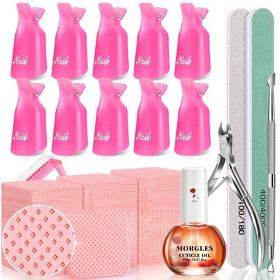 MORGLES Nail Polish Remover Kit with 300 Pcs Lint Free Wipes, Pink Nail Clips with 2 Pcs Files and Buffers, Rose Cuticle Oil, Cuticle Trimmer &amp; Pusher