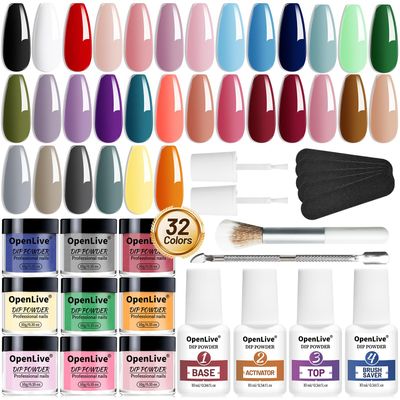 OpenLive Dip Powder Nail Kit 36 PCS Blue Red Dipping Powder Professional Set With Base Top Coat Activators As Gift For Girls And Women