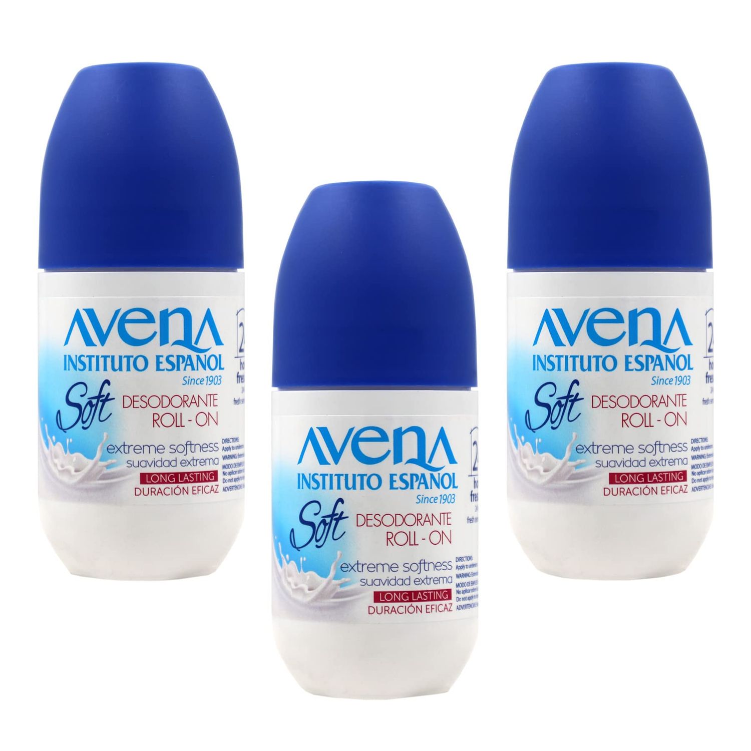 Avena Instituto Espaol Deodorant Roll-On Soft, Extreme Softeness, Long-Lasting, Non-Alcohol, 3-pack Of 2.5 Fo each, 3 Bottles