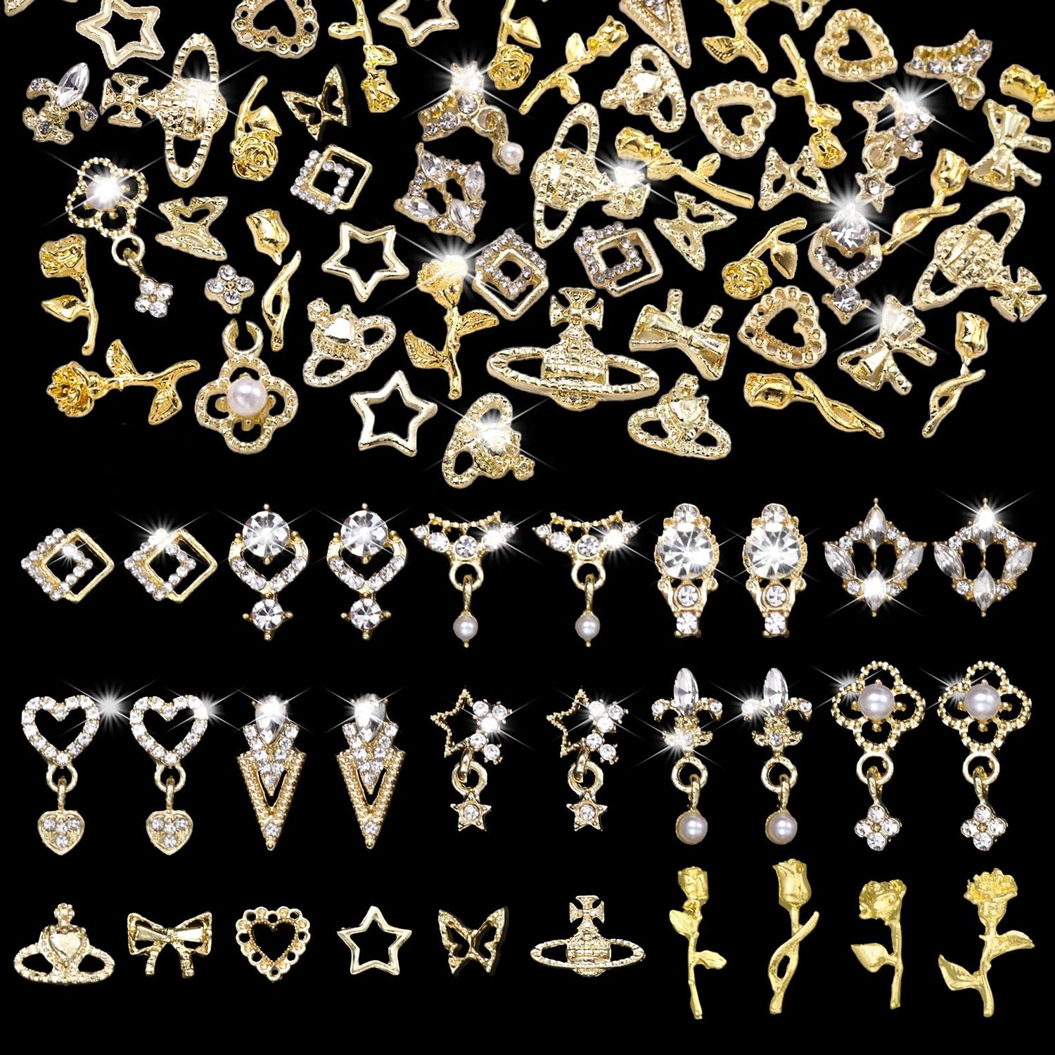 CESUSME 100 Pcs 3D Gold Nail Gems Charms, 20 Style Alloy 3D Dangle Star Nail Jewelry Charms Heart Nail Gems with Rhinestones, 3D Rose Flower Planet Bow Shiny Nail Charms for Nails Art DIY