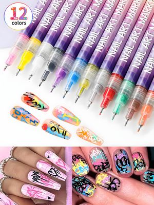 Gorvalin Fine Tips 3D Nail Art Pens, 12 Colors 0.5 MM Nail Marker Pens Nail Point Graffiti Dotting Drawing Painting Liner Pen for Home Salon Quickly Dry Nail Art
