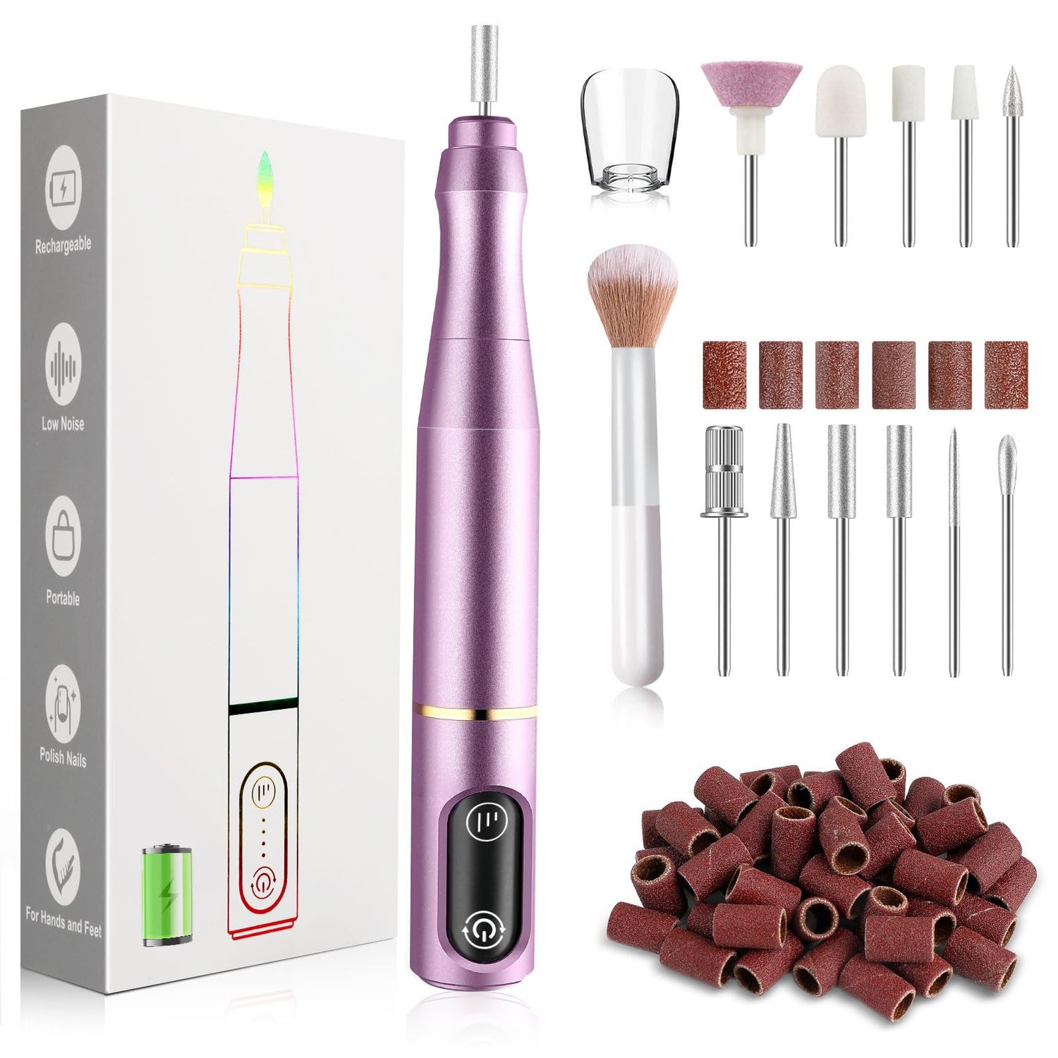 TUOBEO Cordless Nail Drill Electric Rechargeable File Kit, Professional Efile Acrylic Gel Nail Polish Remover Pedicure Manicure Machine Portable Set with 11 Bits 56 Sanding Bands for Salon Home Purple