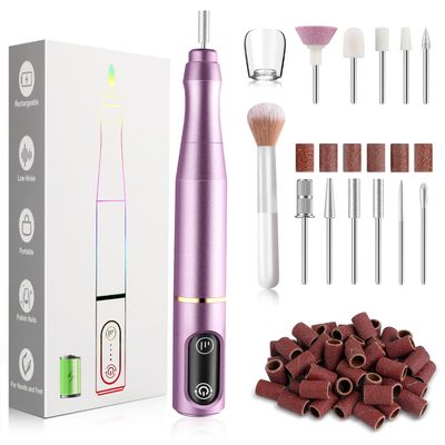 TUOBEO Cordless Nail Drill Electric Rechargeable File Kit, Professional Efile Acrylic Gel Nail Polish Remover Pedicure Manicure Machine Portable Set with 11 Bits 56 Sanding Bands for Salon Home Purple