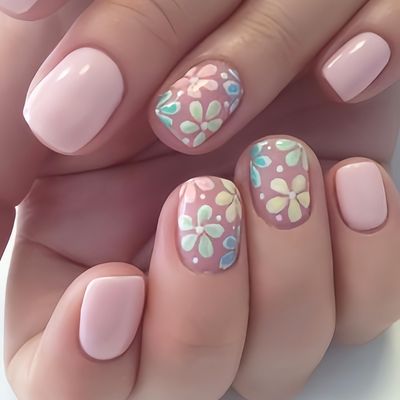 24Pcs Colorful Flower Press-On Nails - Short, Square, Fake, Spring-Summer Nail Art Set, Light Pink Acrylic, Full Cover Glossy False Nails for Women &amp; Girls