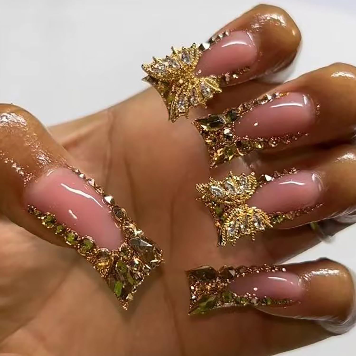 Gold Rhinestones Butterfly Press on Nails Medium Duckbill Design Coffin Full Cover Artificial Acrylic French Stick on DIY Glue on for Women Manicure Kit