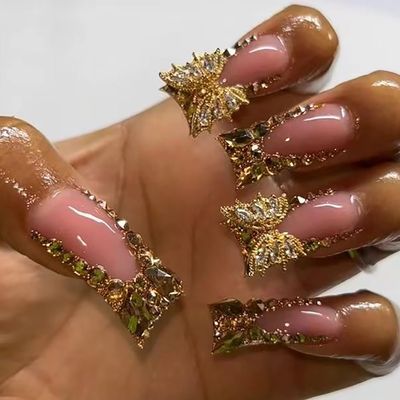 Gold Rhinestones Butterfly Press on Nails Medium Duckbill Design Coffin Full Cover Artificial Acrylic French Stick on DIY Glue on for Women Manicure Kit