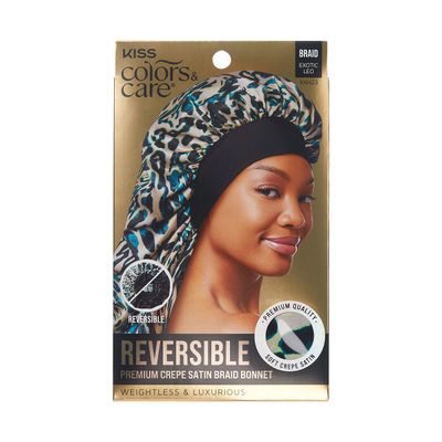 KISS COLORS &amp; CARE Reversible Hair Bonnet for Braids - Exotic Leopard, Luxurious Satin &amp; Breathable Material for Hair Protection from Dryness, Friction &amp; Split Ends Overnight - for All Hair Types
