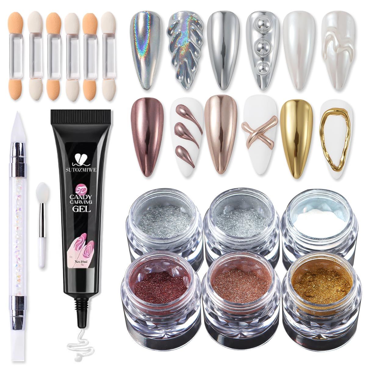 SUTOZMIWE Chrome Nail Powder and 3D Nail Gel Kit, Metallic Mirror Glitter Effect Chrome Powder For Nail Art, Holographic Aurora Iridescent Dip Dust Pigment and 10g Sculpting Gel Set for Nail Decor DIY
