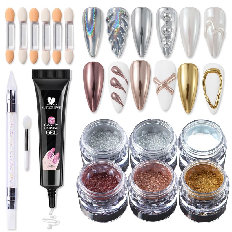 SUTOZMIWE Chrome Nail Powder and 3D Nail Gel Kit, Metallic Mirror Glitter Effect Chrome Powder For Nail Art, Holographic Aurora Iridescent Dip Dust Pigment and 10g Sculpting Gel Set for Nail Decor DIY