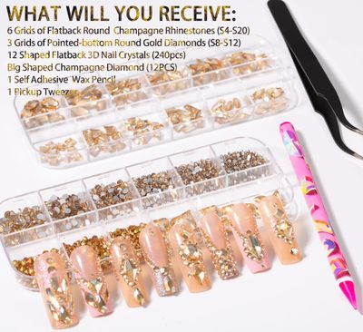 Haozher 2420pcs Gold Rhinestones for Nails, Round Flatback Champagne Rhinestones Gold Nail Charms for Nails120 Pcs 3D Multi Shapes Glass Crystal Diamond Nail Gems for Acrylic Decoration