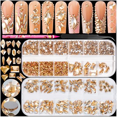 Haozher 2420pcs Gold Rhinestones for Nails, Round Flatback Champagne Rhinestones Gold Nail Charms for Nails120 Pcs 3D Multi Shapes Glass Crystal Diamond Nail Gems for Acrylic Decoration