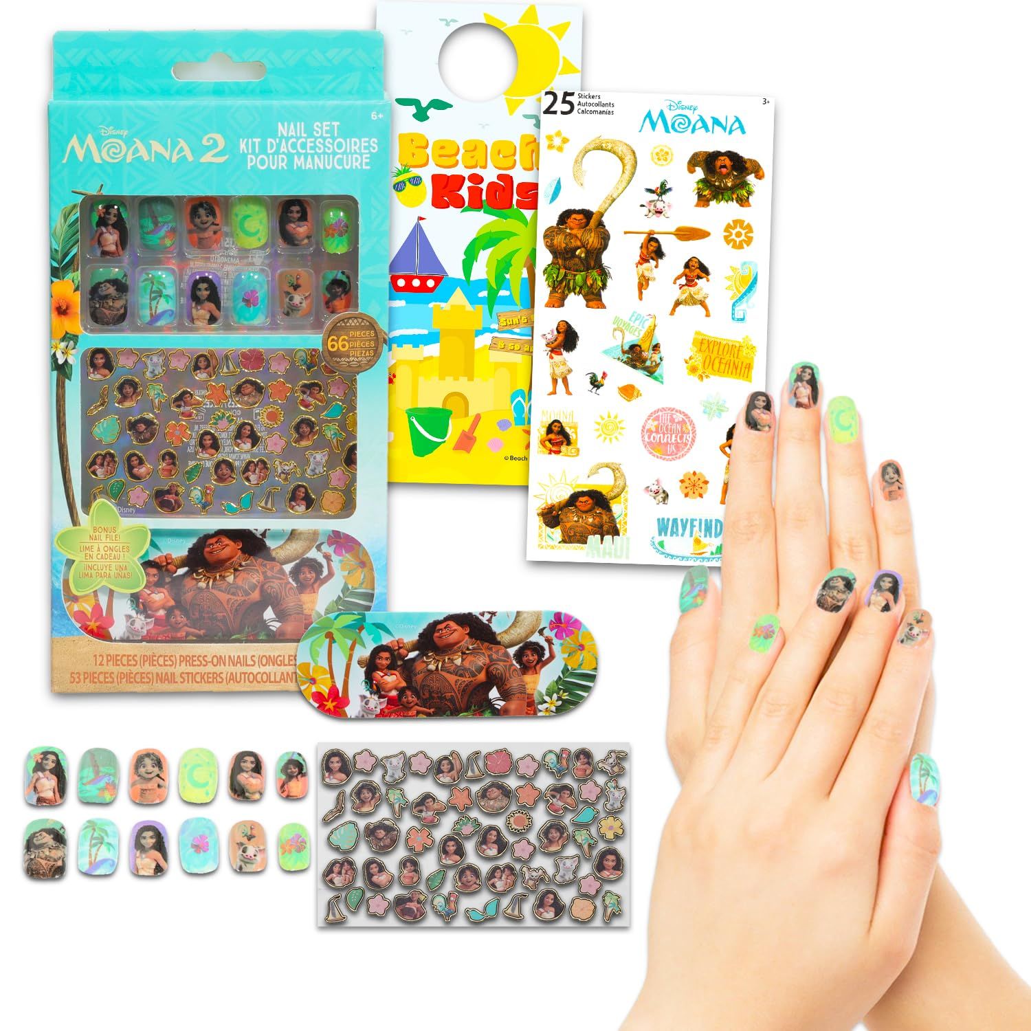 Moana Nail Art Stickers Set for Girls - Bundle with Moana Stick On Nails Plus Tattoos, More for Moana Party Supplies | Moana 2 Press On Nails for Kids