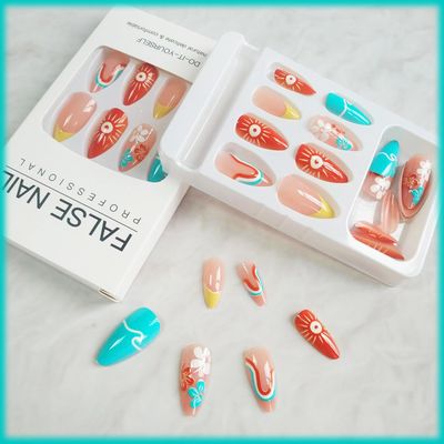 24 Pcs Summer Press on Nails French Tips Medium Almond Acrylic False Nails Sun Stick on Nail Glossy Orange Curve Line Fake Nail Waves Gel Glue on Fingernails for Manicure Art Women Girls