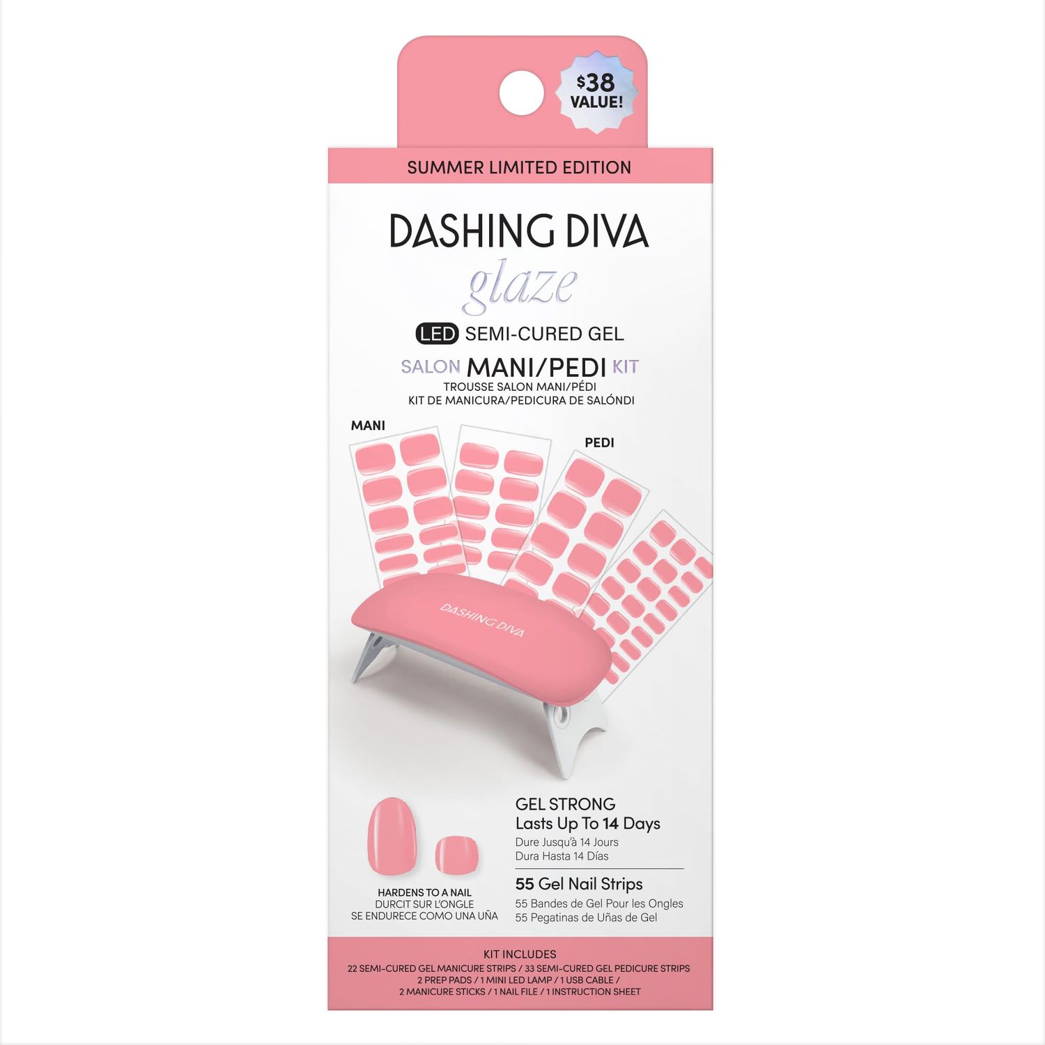 Dashing Diva Glaze Mani Pedi Kit - The Lolli Lolli - Comes with LED Nail Lamp - Long Lasting, Semicured Gel Nail Strips for Toes &amp; Hands