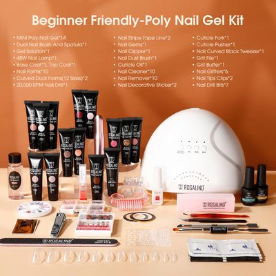 ROSALIND Poly Nail Gel Kit -14 Colors 75 Nail Art Accessories Kit Clear Pink Nude Glitter Poly Gel with Big UV Light 48W and Electric Nail Drill Poly Nail Gel Starter Kit