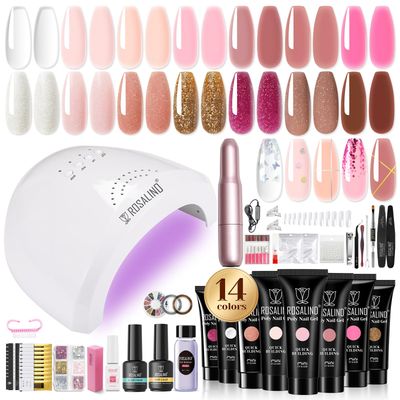ROSALIND Poly Nail Gel Kit -14 Colors 75 Nail Art Accessories Kit Clear Pink Nude Glitter Poly Gel with Big UV Light 48W and Electric Nail Drill Poly Nail Gel Starter Kit