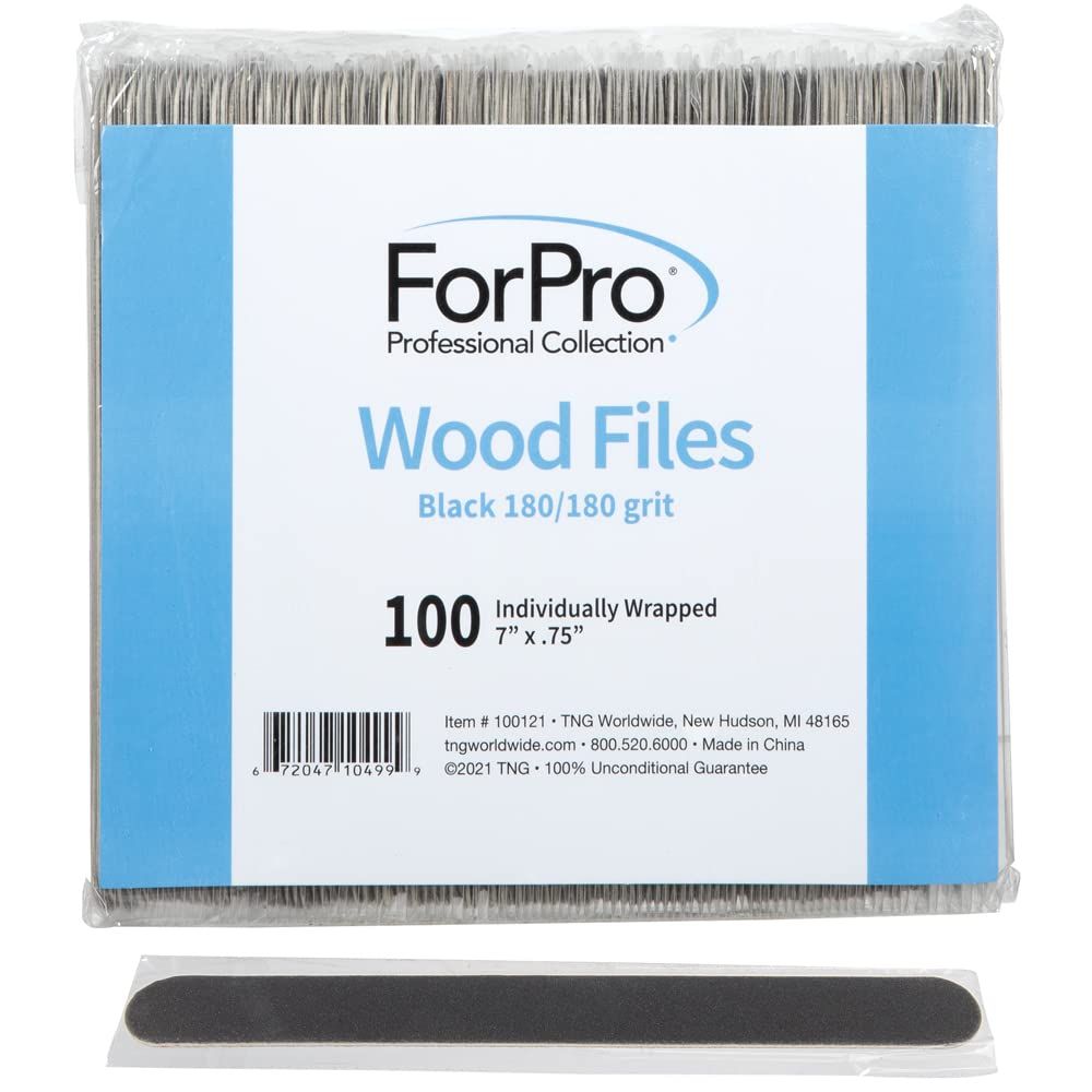 ForPro Professional Collection Wood Nail File, Black, 180/180 Grit, Double-Sided Manicure &amp; Pedicure Nail Files, 7 L x .75 W, Individually-Wrapped, 100-Count