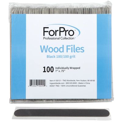 ForPro Professional Collection Wood Nail File, Black, 180/180 Grit, Double-Sided Manicure &amp; Pedicure Nail Files, 7 L x .75 W, Individually-Wrapped, 100-Count