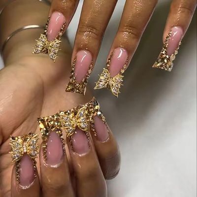 Gold Rhinestones Butterfly Press on Nails Medium Duckbill Design Coffin Full Cover Artificial Acrylic French Stick on DIY Glue on for Women Manicure Kit
