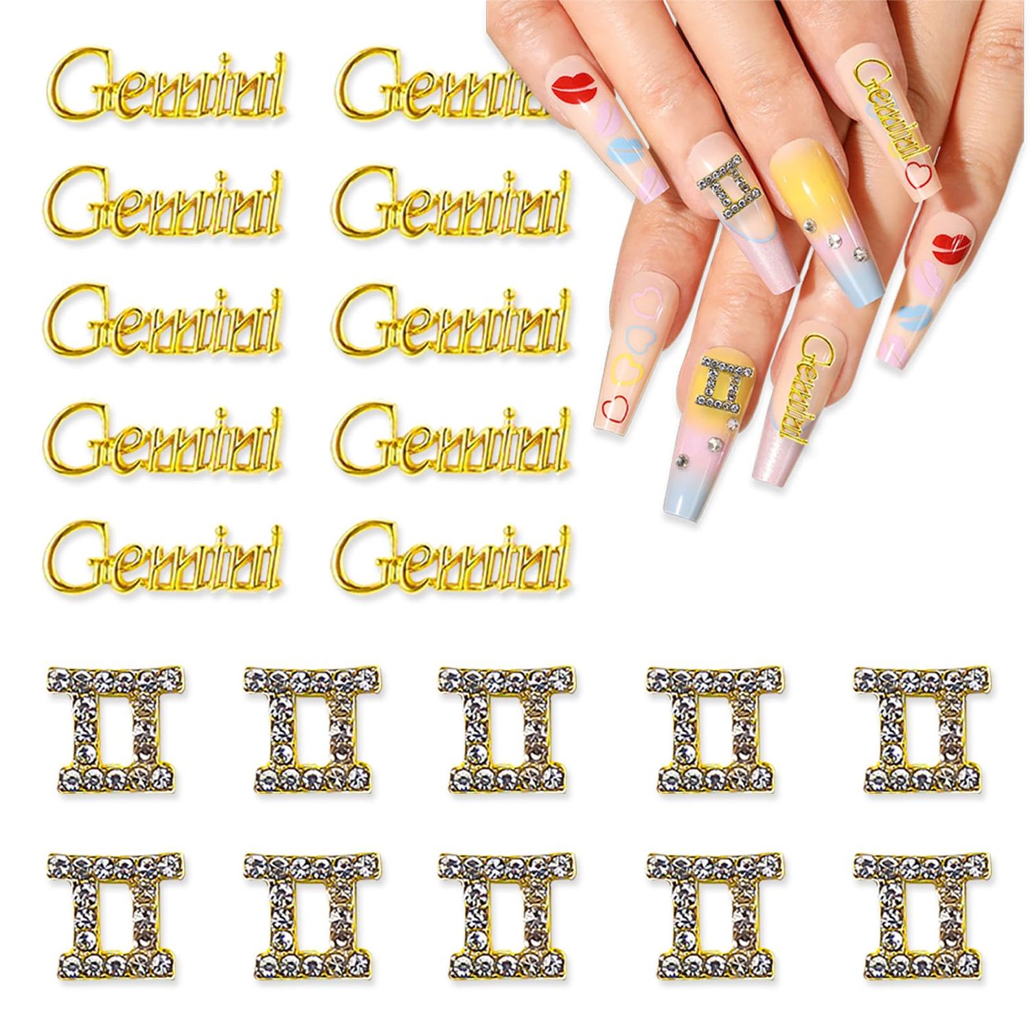JERCLITY 20pcs Gold Alloy Gemini Zodiac Nail Charms - 10pcs Gemini Sign Symbols &amp; 10pcs Constellation Words for Nails (May 21 to June 21)