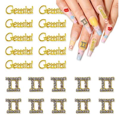 JERCLITY 20pcs Gold Alloy Gemini Zodiac Nail Charms - 10pcs Gemini Sign Symbols &amp; 10pcs Constellation Words for Nails (May 21 to June 21)