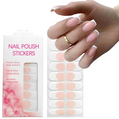 YOSOMK Gel Nail Strips, White Pink French Gel Nails Stickers, UV Free, Long Lasting 16 Nail Wraps for Women, French Tip Nails Polsih Stickers, Includes 1 File, 1 Wooden Stick and 2 Prep Pad