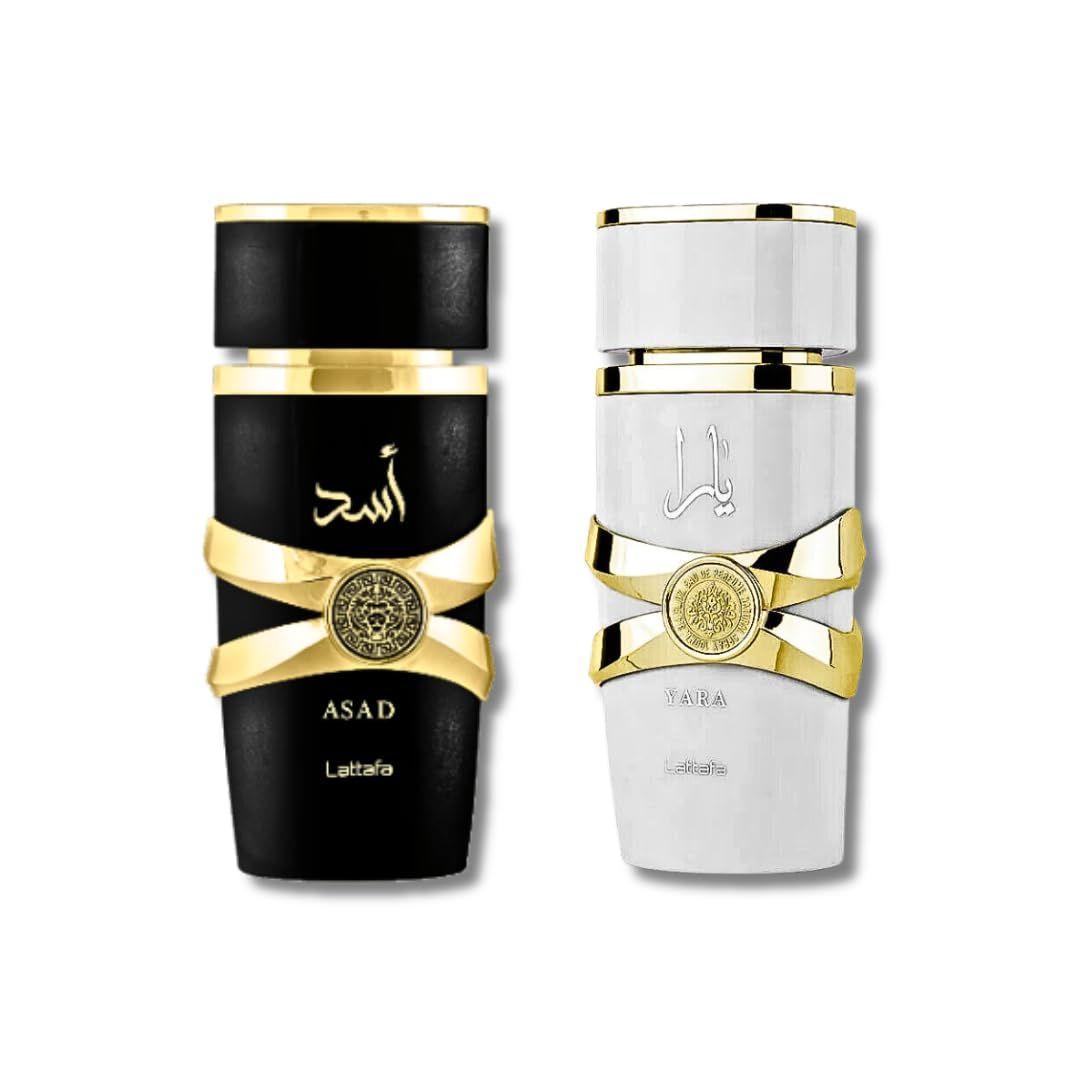 Lattafa for Unisex 2 Piece Eau de Parfum Gift Set (Yara Moi for Women Asad for Men) 3.4 Ounce/100 ml each