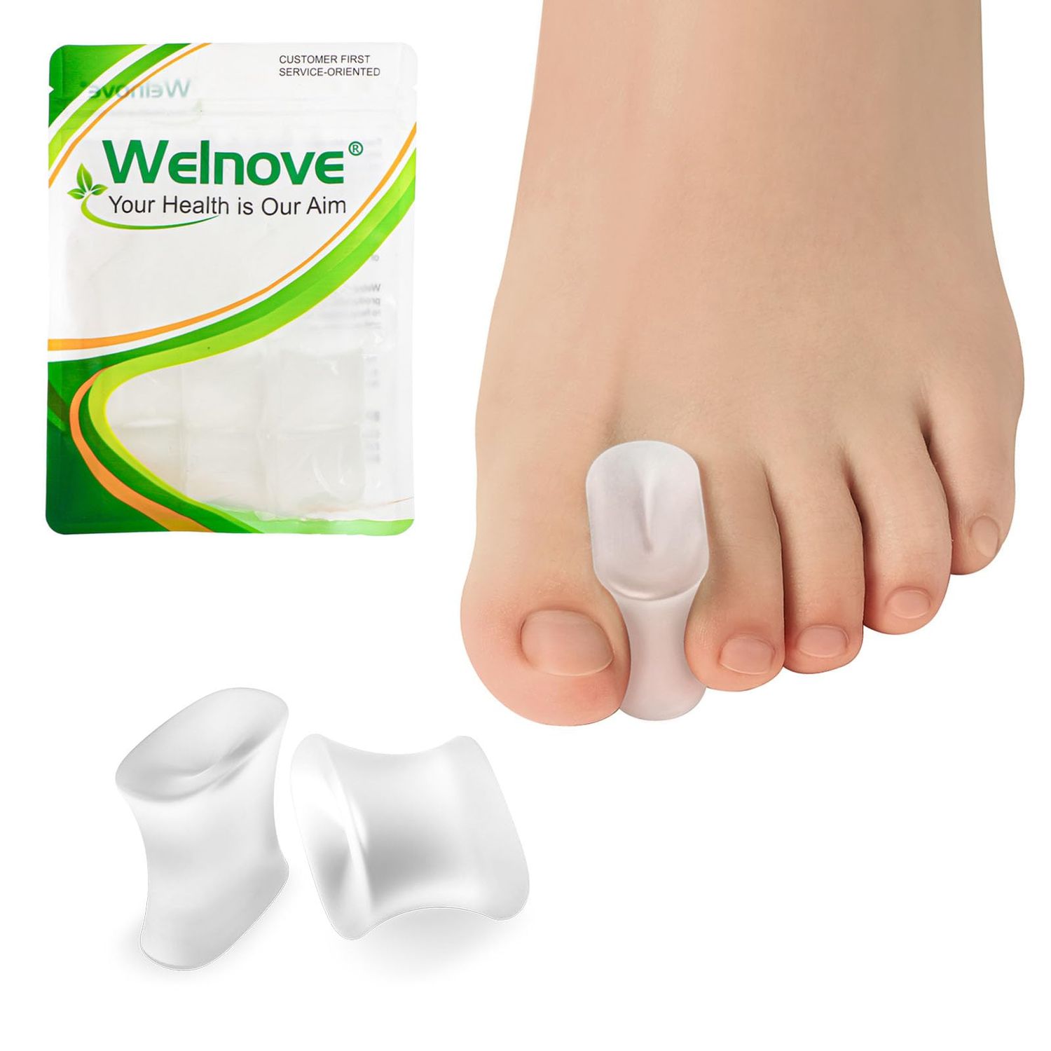 Welnove Upgraded Gel Toe Separators - 8-Pack Aloe Vera Extract Infused Silicone Toe Spacers for Straightening Overlapping Toes, Calluses - Bunion Corrector for Men and Women (Large, Clear)